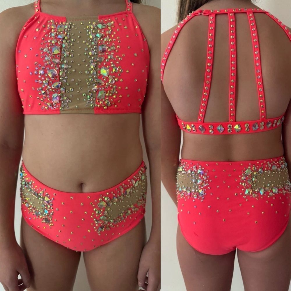 Glamour solo dance costume coral orange neon 2 piece embellished bling XLC child